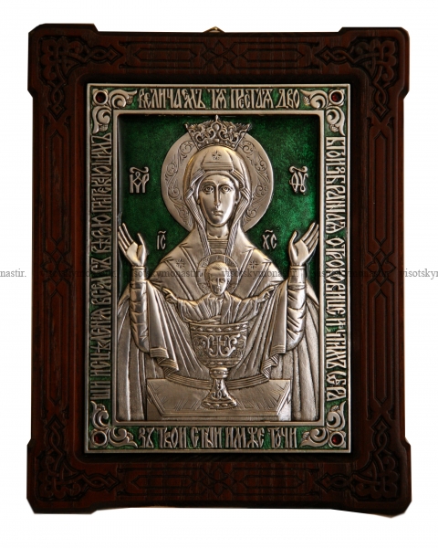 Икона Пресвятой Богородицы «Неупиваемая Чаша»на деревянной основе,медь,серебрение,цветная эмаль,стразы